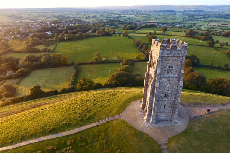 Glastonbury in Somerset at sunset