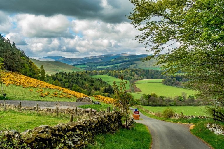 A road overlooking the hills in the Scottish Borders